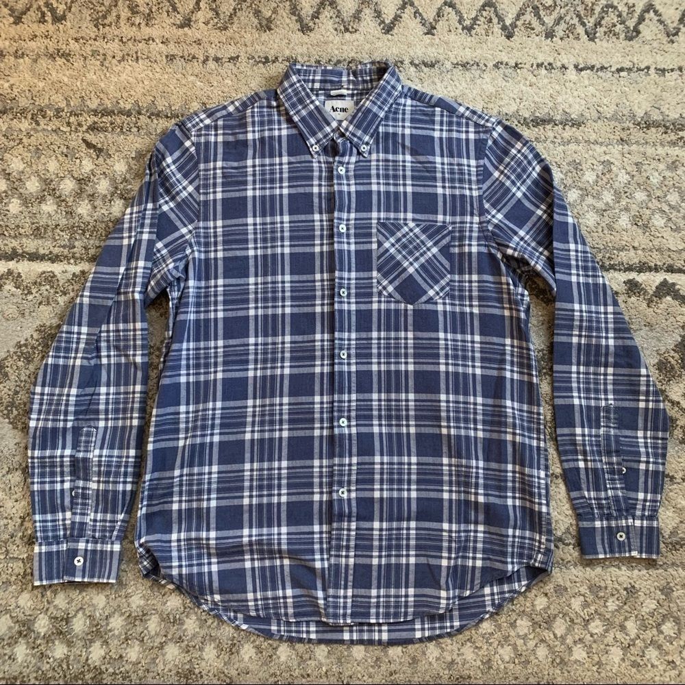 Acne Blue Plaid Midweight Flannel Button Up 52 XL